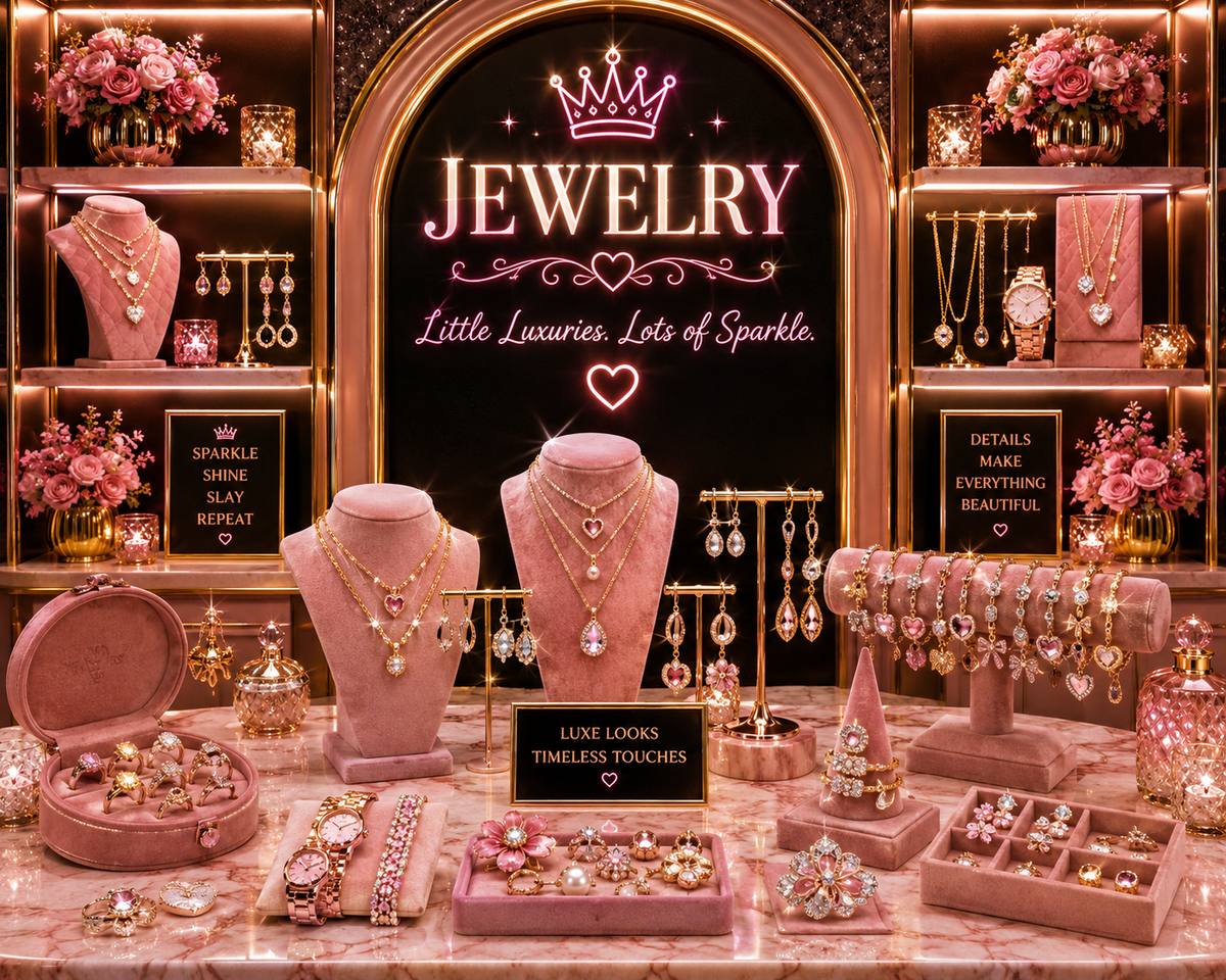 Bougie on a Budget bracelets display with neon crown sign, pink velvet bracelet stand, and gold shelving