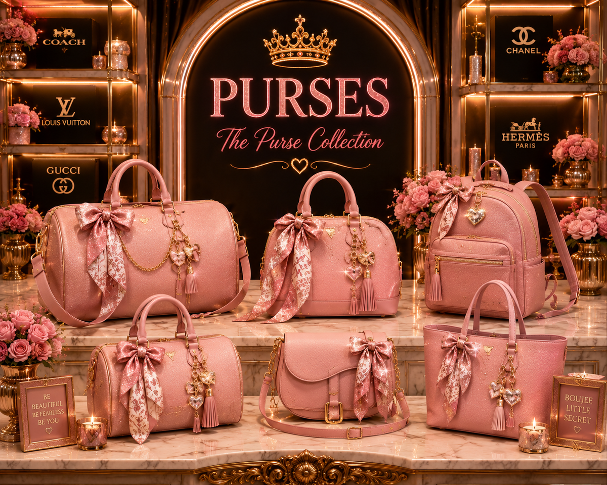 Bougie on a Budget luxury purse backdrop with neon sign, marble counter, and designer brand displays
