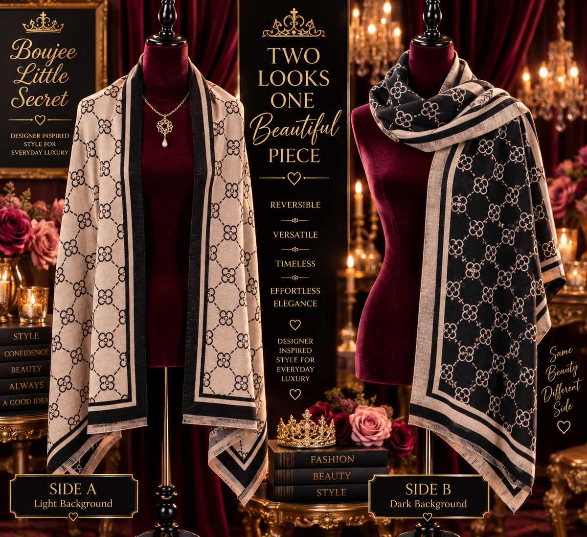 Midnight & Ivory Reversible Designer-Inspired Wrap