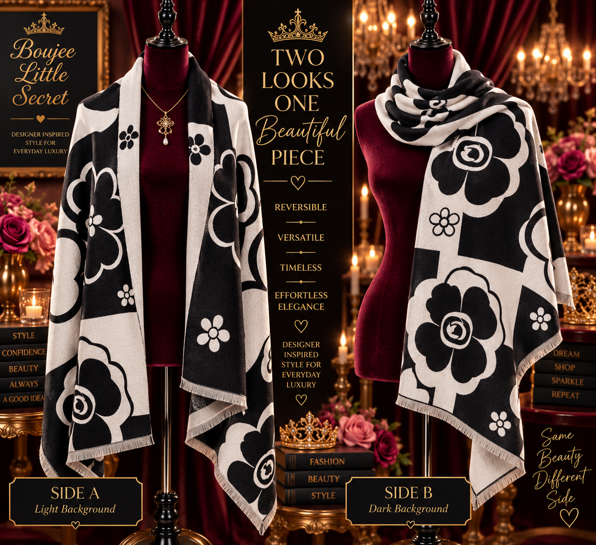 Coco Noir Reversible Designer-Inspired Floral Wrap