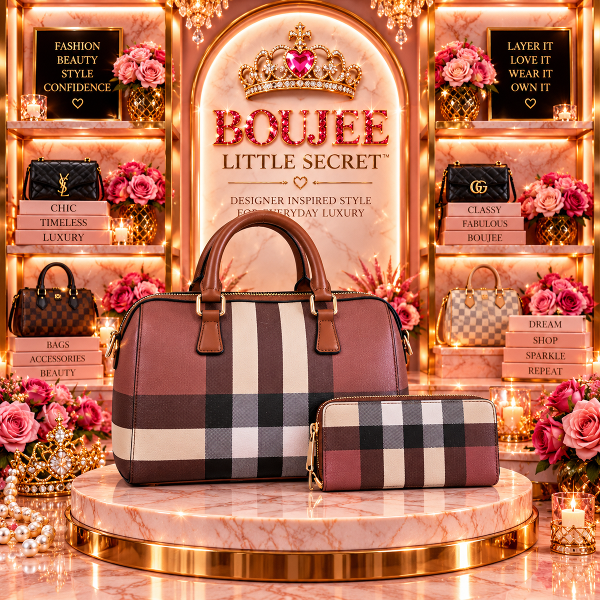 BLS Designer Inspired – Blush Plaid Purse & Wallet Set